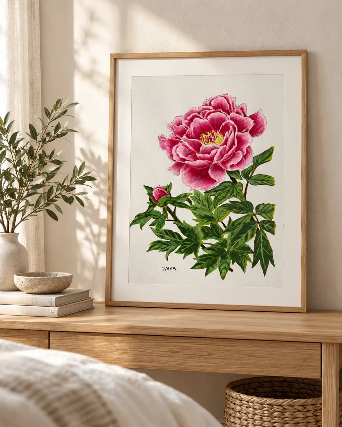 The Peony painting displayed on a light oak console table in a cozy, sunlit room